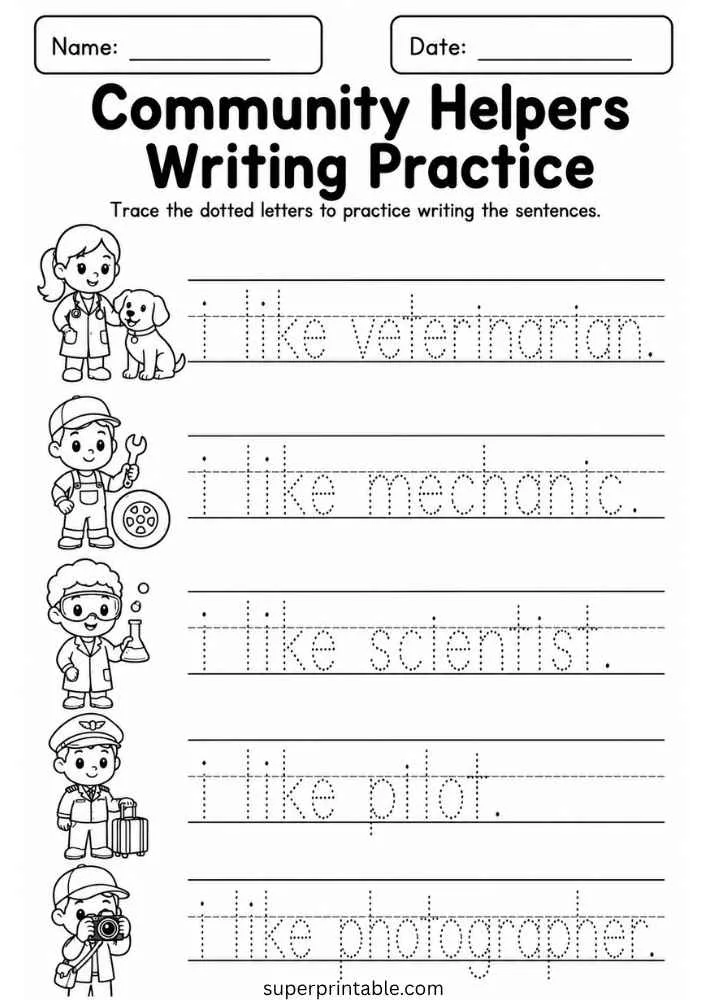 Writing worksheet with dotted sentences and cartoon veterinarian, mechanic, scientist, pilot, and photographer.
