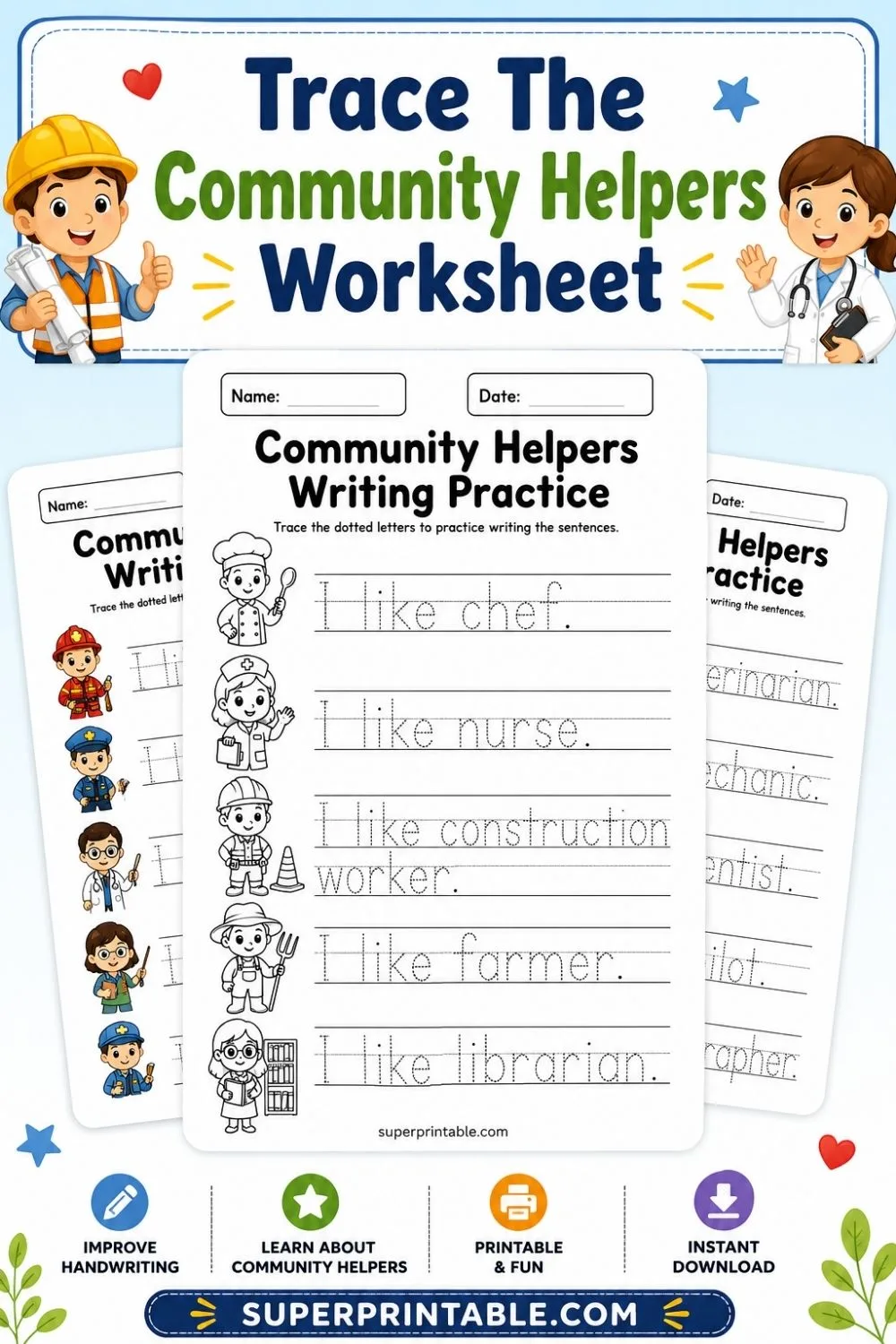Trace The Community Helpers Worksheet Pinterest Image