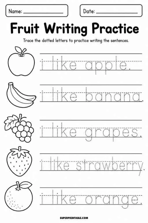 Fruit writing worksheet with apple, banana, grapes, strawberry, and orange plus dotted tracing sentences.