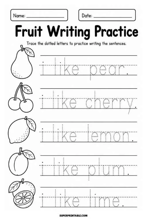 Fruit writing worksheet with pear, cherry, lemon, plum, and lime tracing sentences.