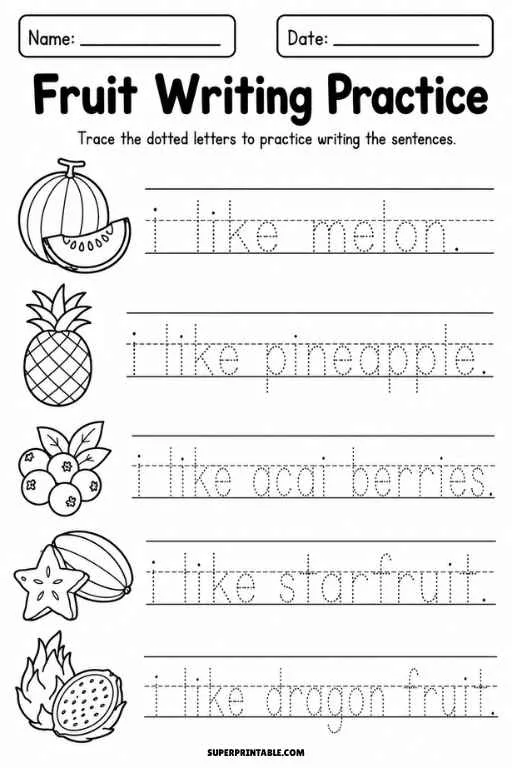Fruit writing worksheet with melon, pineapple, acai berries, starfruit, and dragon fruit.