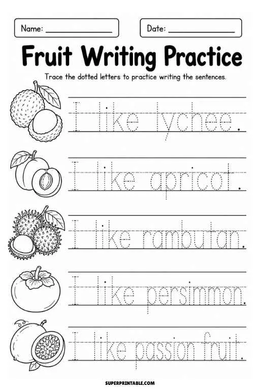 Fruit writing worksheet with lychee, apricot, rambutan, persimmon, and passion fruit tracing sentences.