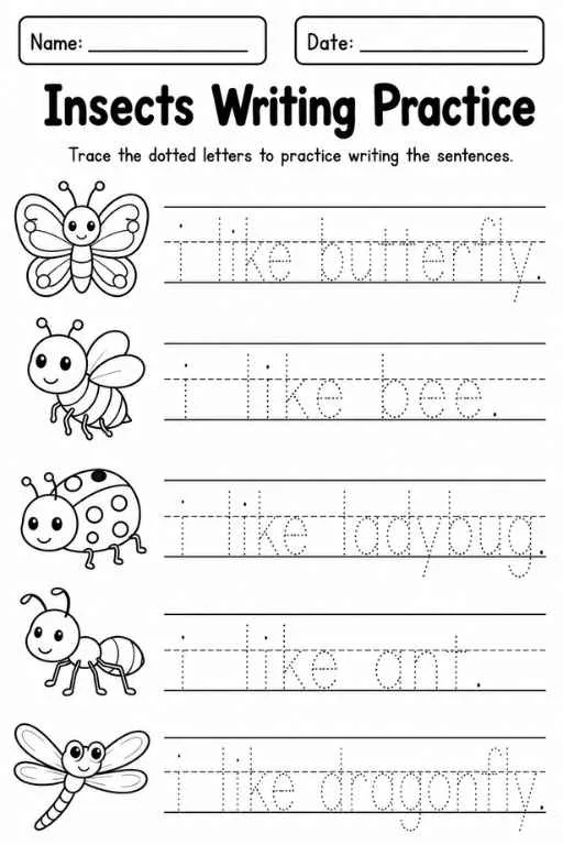 Insects writing worksheet with butterfly, bee, ladybug, ant, dragonfly, and dotted tracing words.
