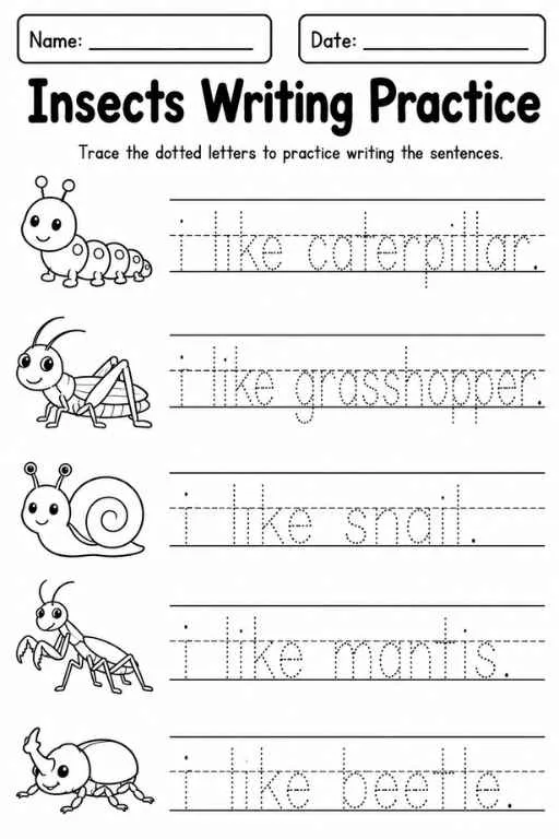 Insects writing worksheet with caterpillar, grasshopper, snail, mantis, beetle, and tracing words.