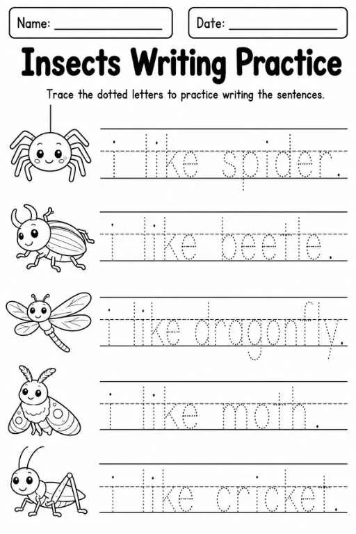 Insects writing worksheet with spider, beetle, dragonfly, moth, cricket, and dotted tracing words.