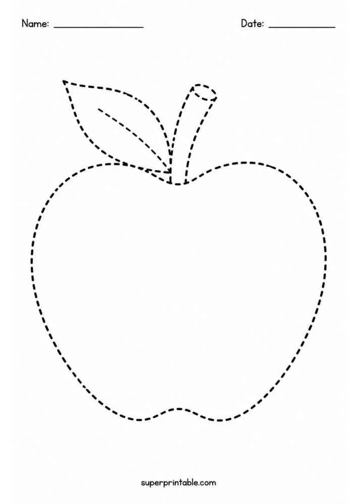 Dashed outline of an apple with a leaf and stem for tracing.
