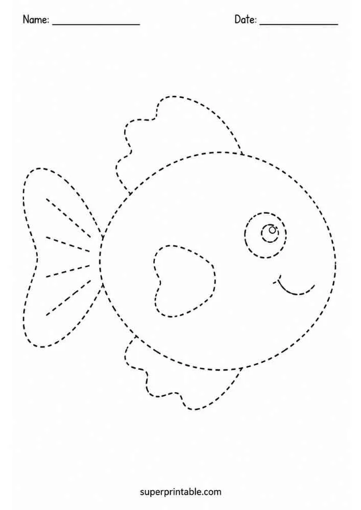 Dashed outline of a smiling fish for tracing.