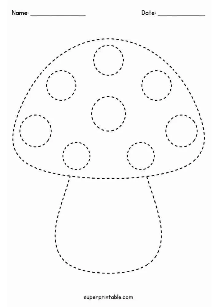 Dashed outline of a spotted mushroom for tracing.