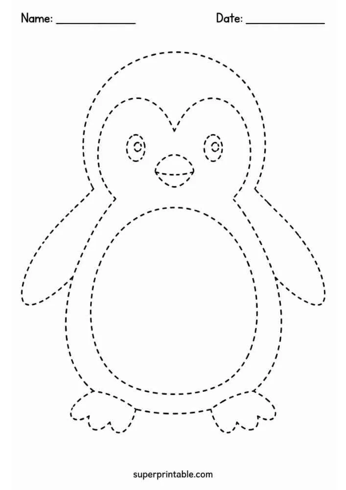 Dashed outline of a smiling penguin for tracing.