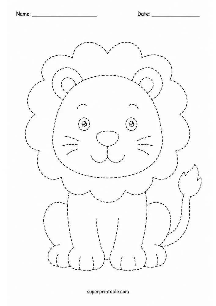 Dashed outline of a smiling lion with a fluffy mane.