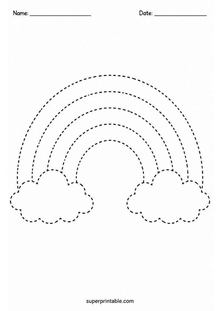 Dashed outline of a rainbow between two clouds.