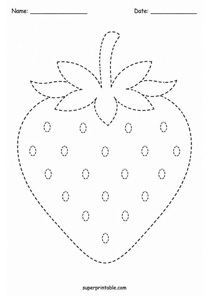 Dashed outline of a strawberry with leaves and seeds.