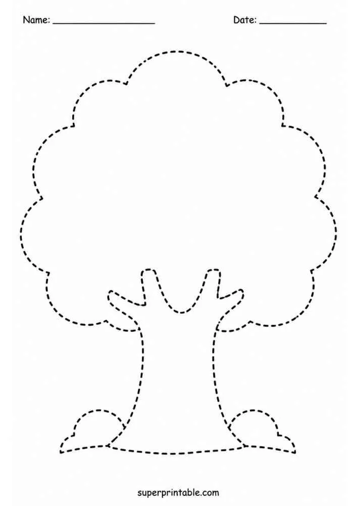 Dashed outline of a leafy tree for tracing.