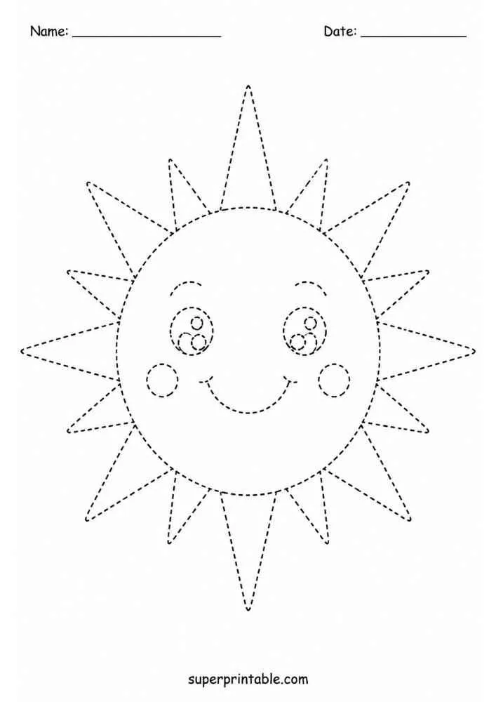 Dashed outline of a smiling sun with long rays.