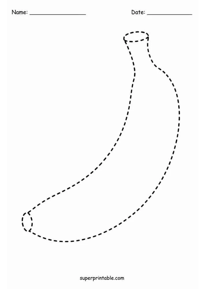 Dashed outline of a banana for tracing with name and date lines.