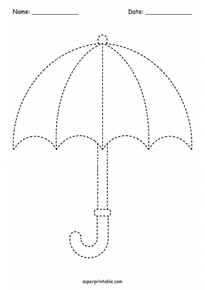Dashed outline of an open umbrella with a curved handle for tracing.