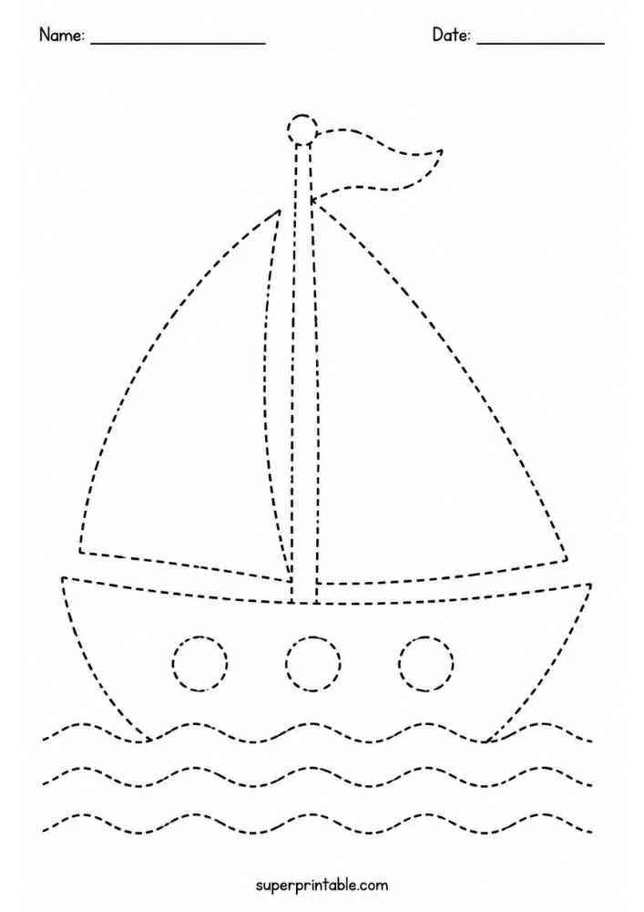 Dashed outline of a sailboat with waves and a small flag for tracing.