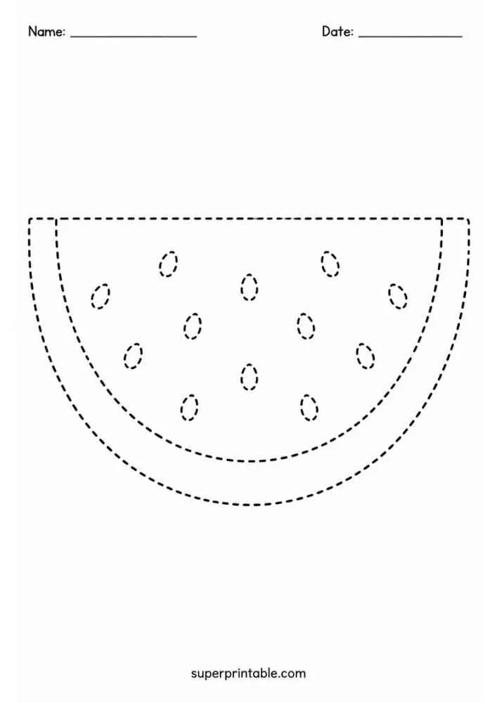 Dashed outline of a watermelon slice with seeds for tracing.