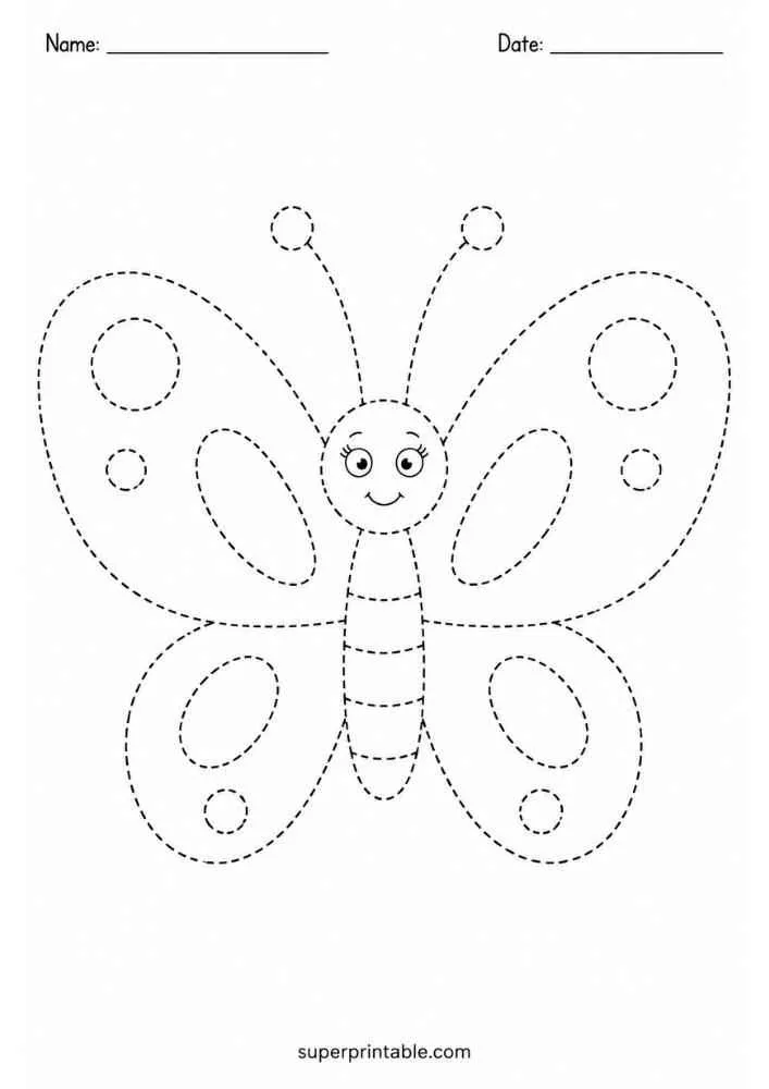 Dashed outline of a smiling butterfly with patterned wings for tracing.