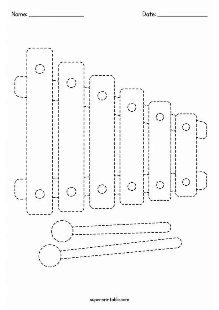Dashed outline of a xylophone with two mallets for tracing.