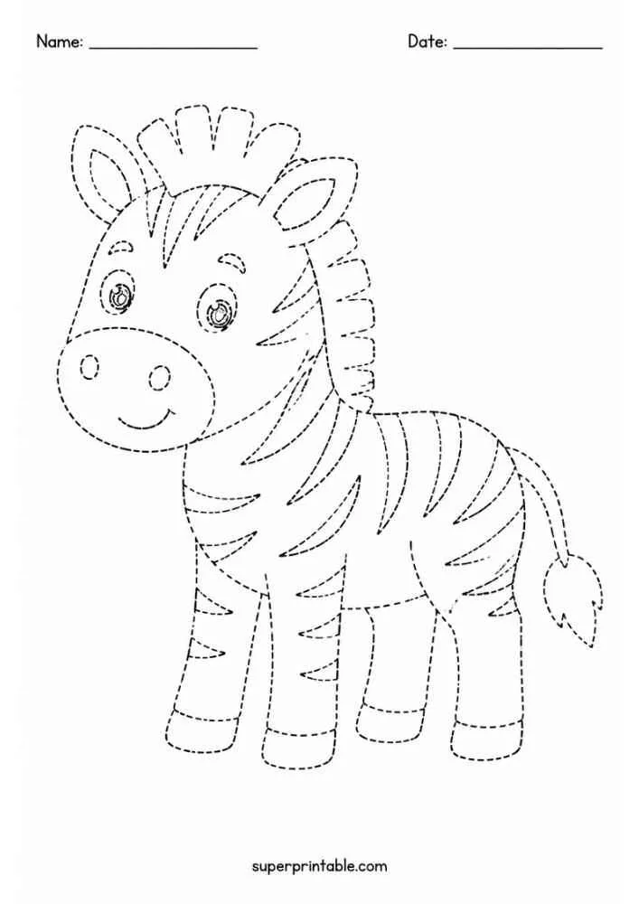 Dashed outline of a smiling zebra with stripes for tracing.