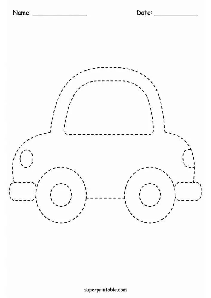 Dashed outline of a simple car with wheels for tracing.
