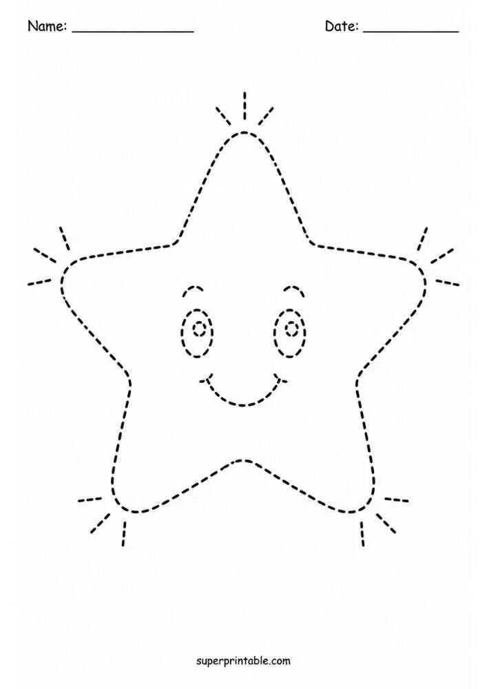 Dashed outline of a smiling five pointed star with small rays.