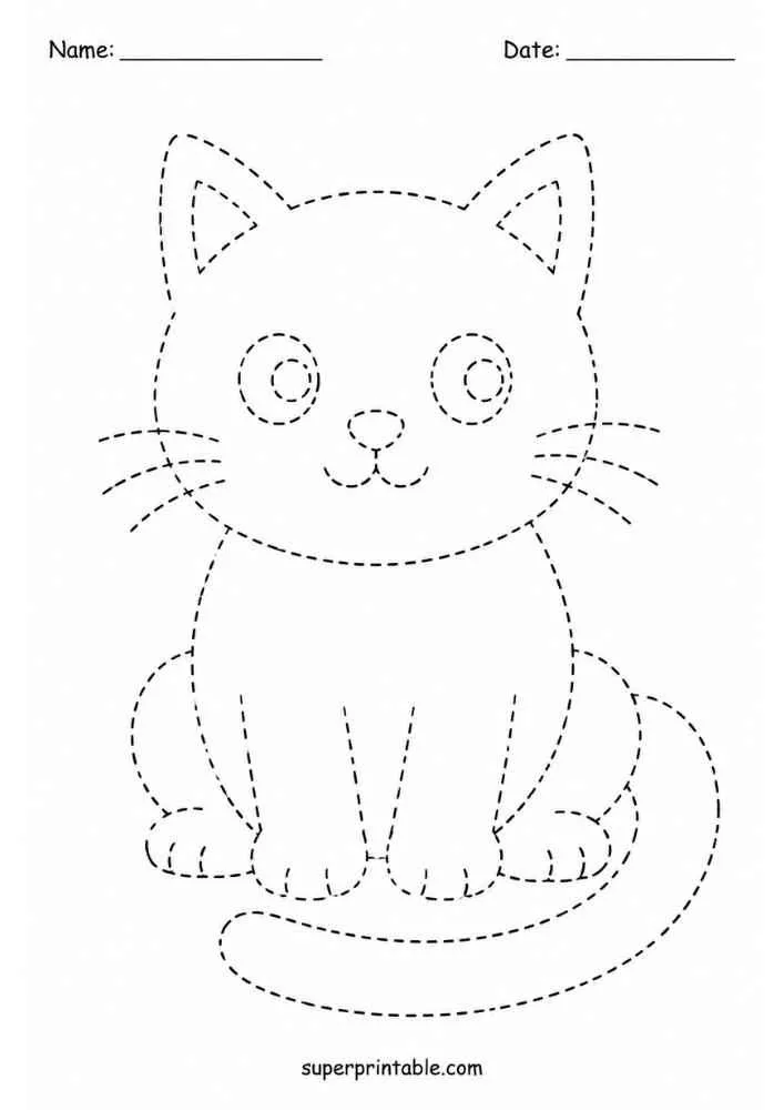 Dashed outline of a cute sitting cat for tracing.
