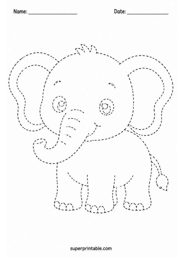 Dashed outline of a smiling elephant for tracing.