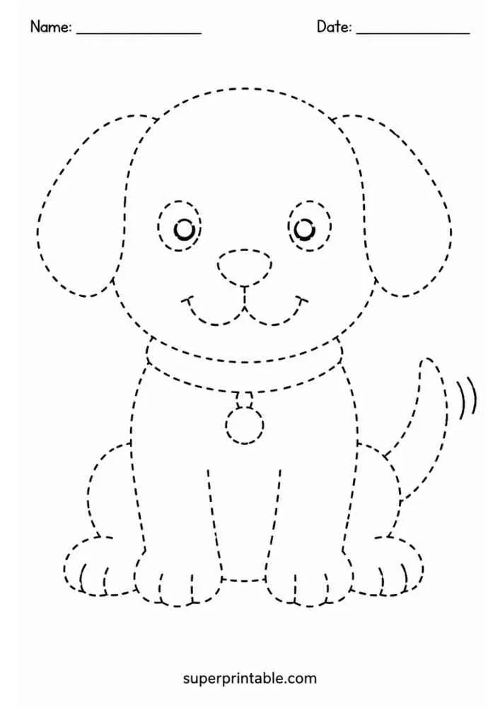Dashed outline of a happy puppy with a collar for tracing.