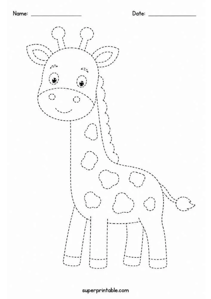 Dashed outline of a smiling giraffe for tracing.