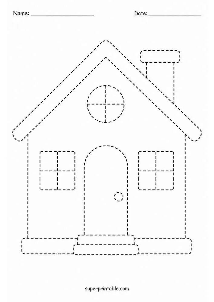 Dashed outline of a simple house with windows and chimney.