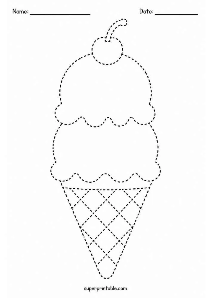 Dashed outline of an ice cream cone with a cherry for tracing.