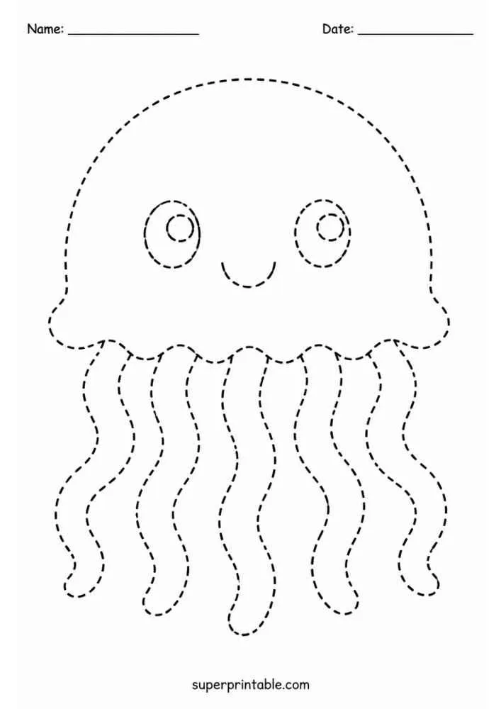 Dashed outline of a smiling jellyfish with wavy tentacles.