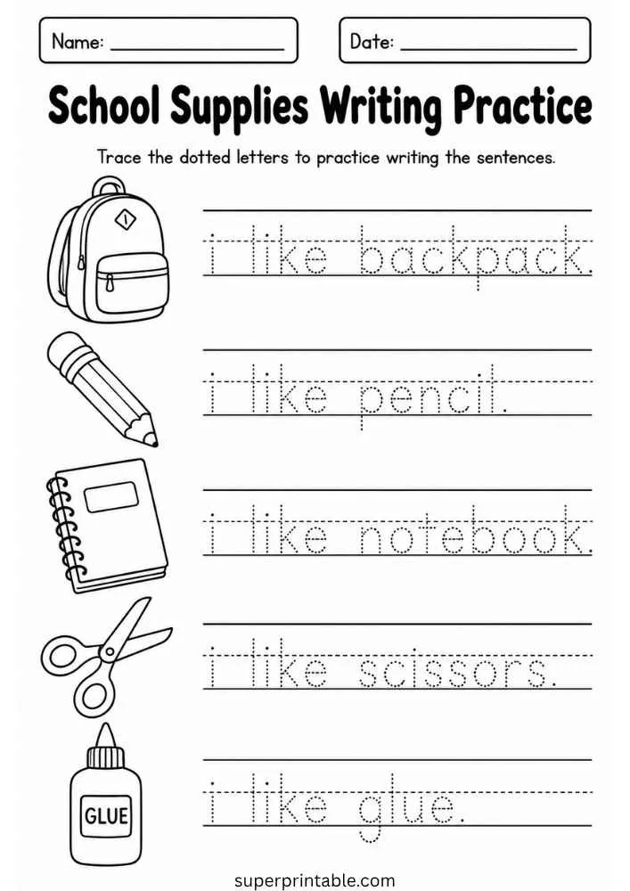 Writing worksheet with backpack, pencil, notebook, scissors, and glue tracing words.