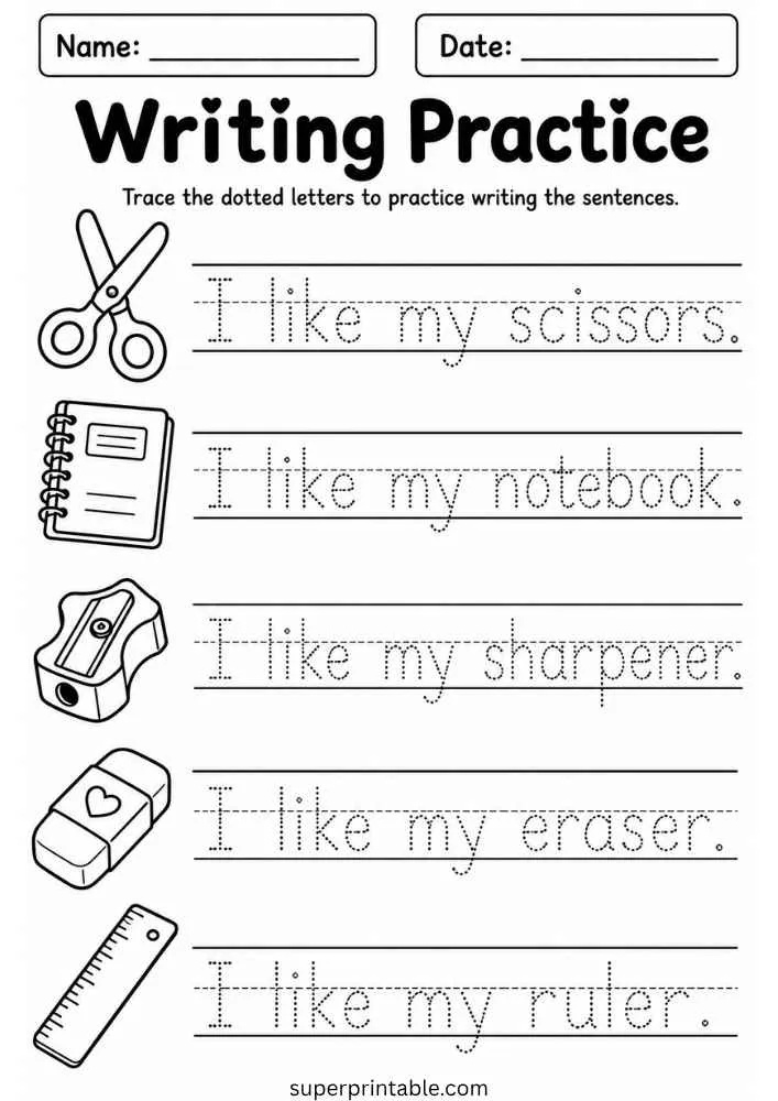 Writing worksheet with scissors, notebook, sharpener, eraser, and ruler sentence tracing.