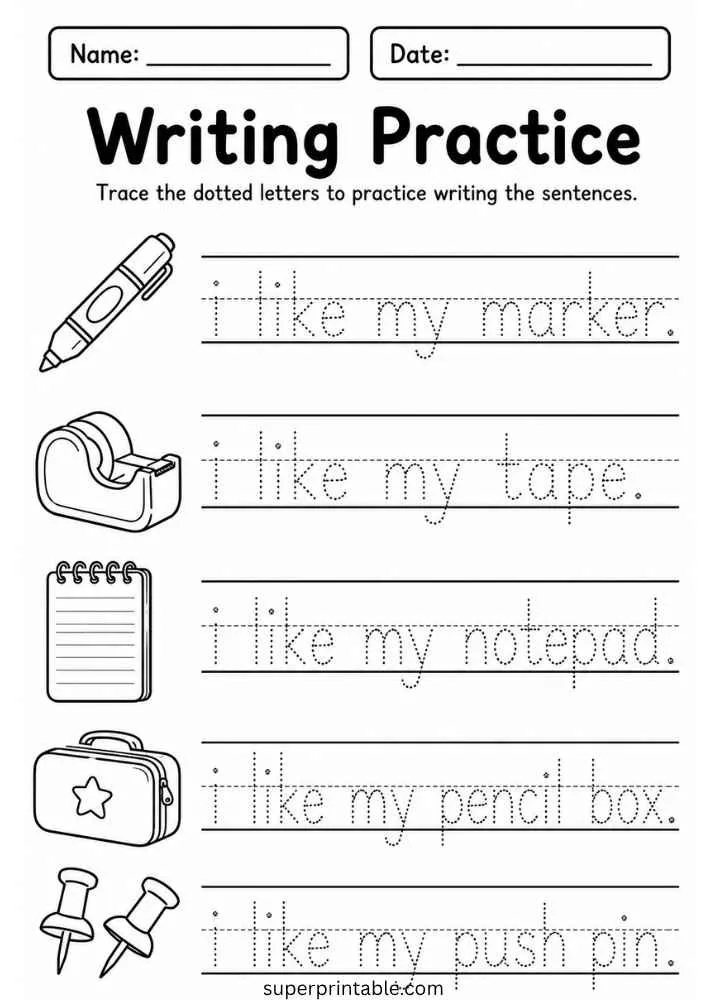 Writing worksheet with marker, tape, notepad, pencil box, and push pin sentence tracing.