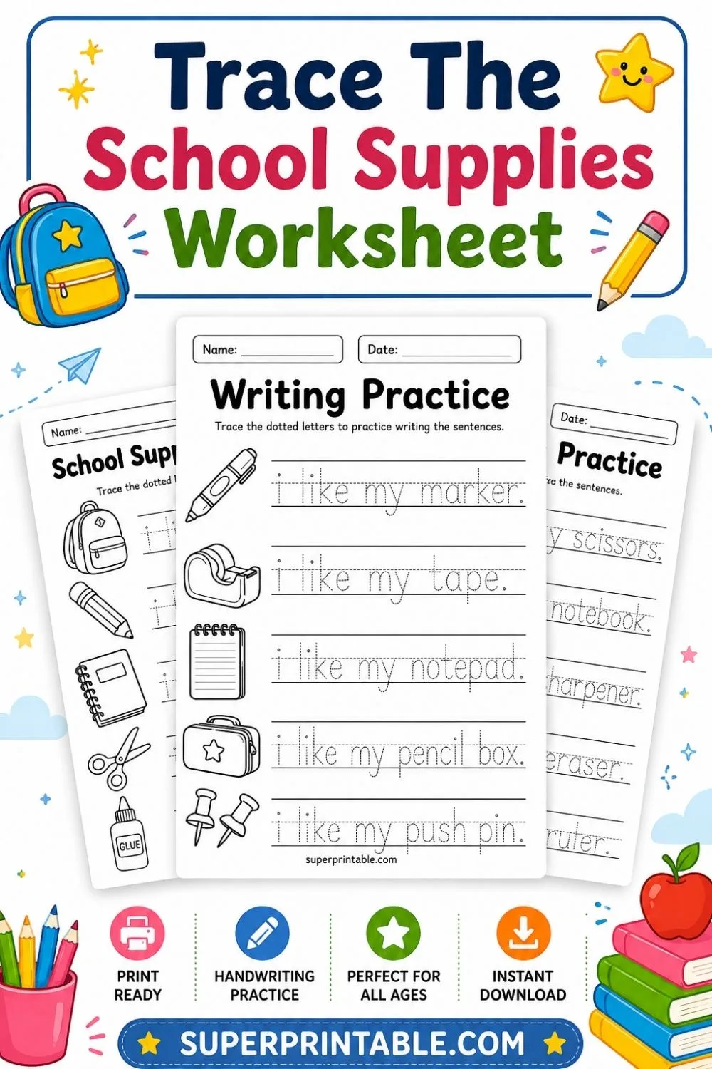 Trace The School Supplies Worksheet Pinterest Image