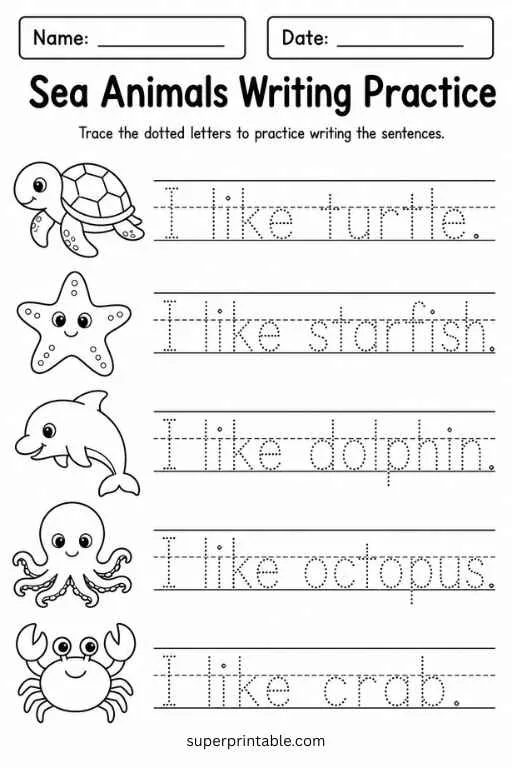 Writing worksheet with turtle, starfish, dolphin, octopus, and crab plus tracing sentences.