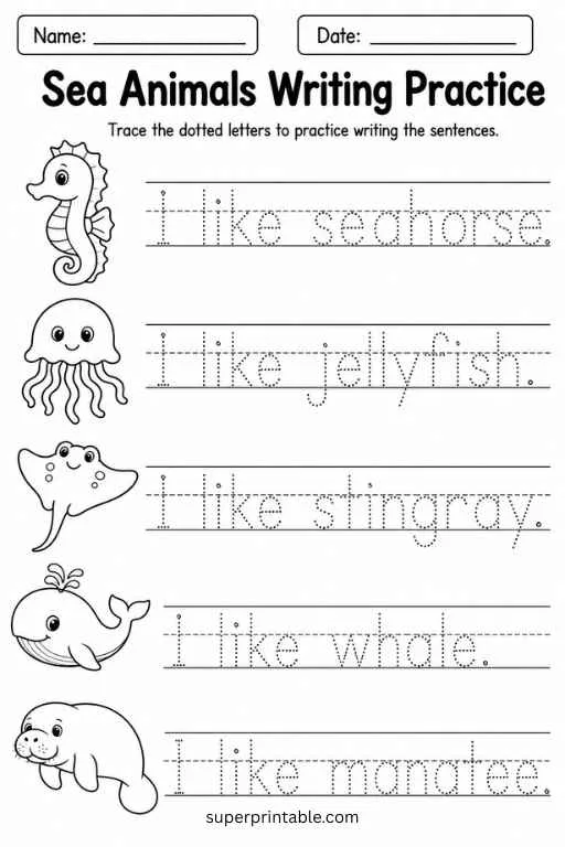 Writing worksheet with seahorse, jellyfish, stingray, whale, and manatee tracing sentences.