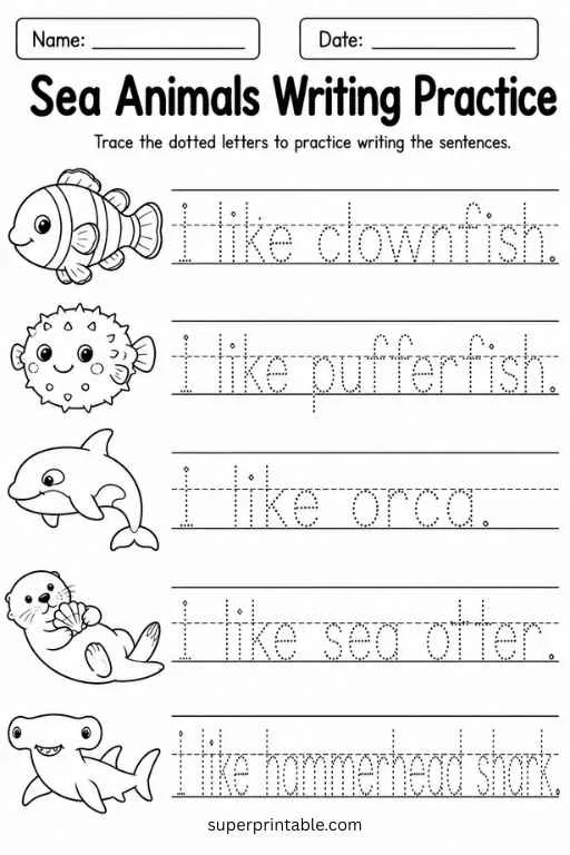 Writing worksheet with clownfish, pufferfish, orca, sea otter, and hammerhead shark tracing sentences.