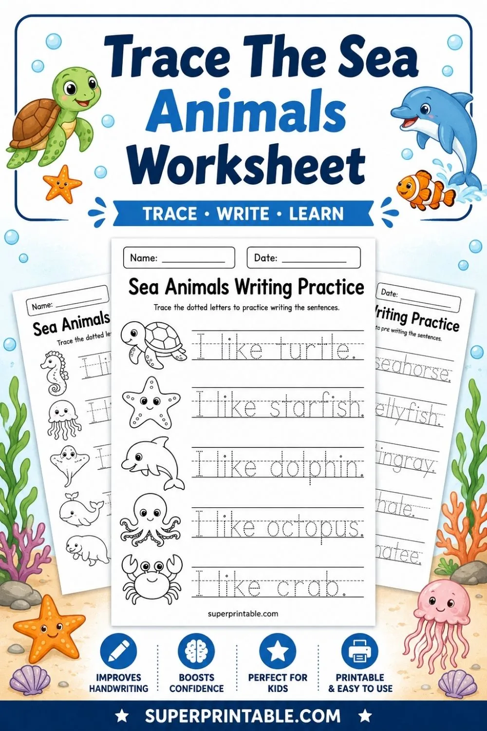 Trace The Sea Animals Worksheet Pinterest Image