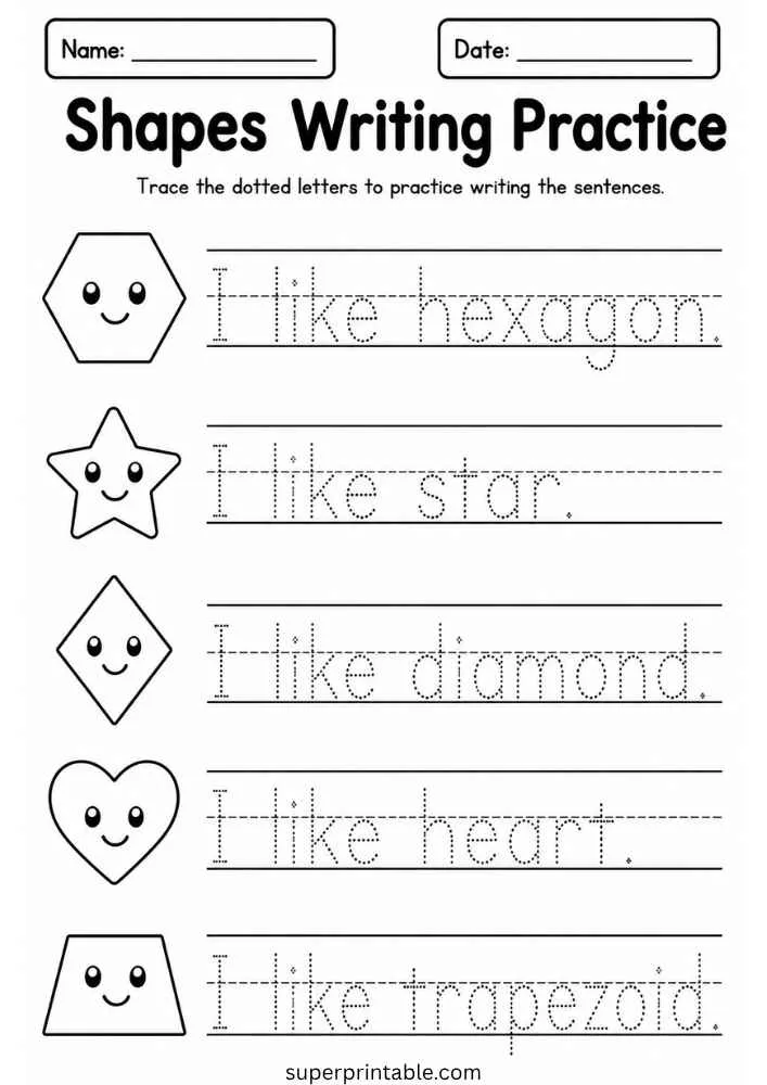 Writing worksheet with hexagon, star, diamond, heart, and trapezoid plus tracing lines and name and date boxes.