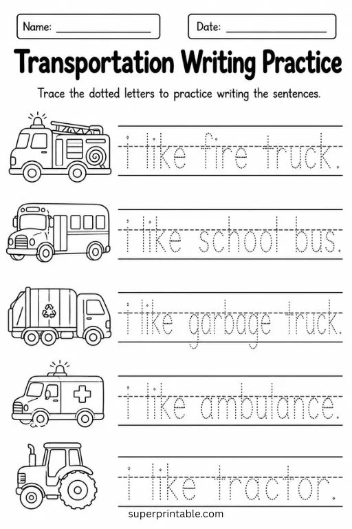 Writing worksheet with fire truck, school bus, garbage truck, ambulance, and tractor tracing sentences.