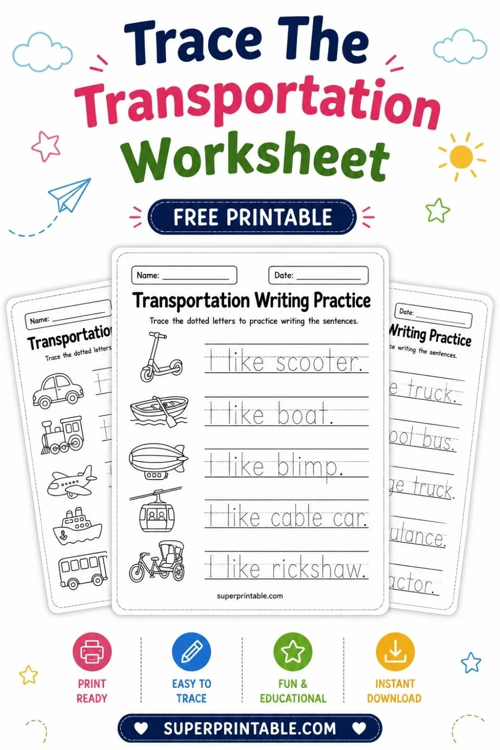 Trace The Transportation Worksheet Pinterest Image