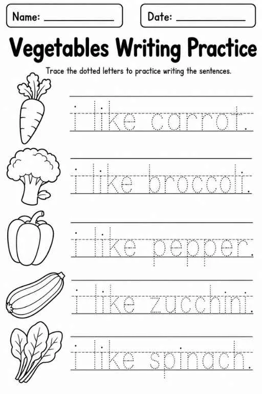 Name and date boxes with tracing sentences for carrot, broccoli, pepper, zucchini, and spinach.