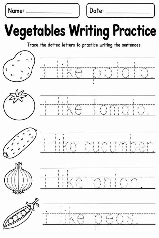 Name and date boxes with tracing sentences for potato, tomato, cucumber, onion, and peas.