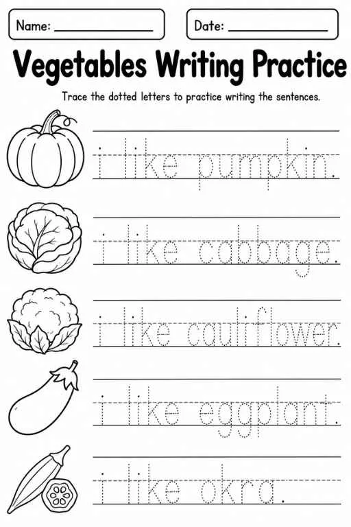 Name and date boxes with tracing sentences for pumpkin, cabbage, cauliflower, eggplant, and okra.