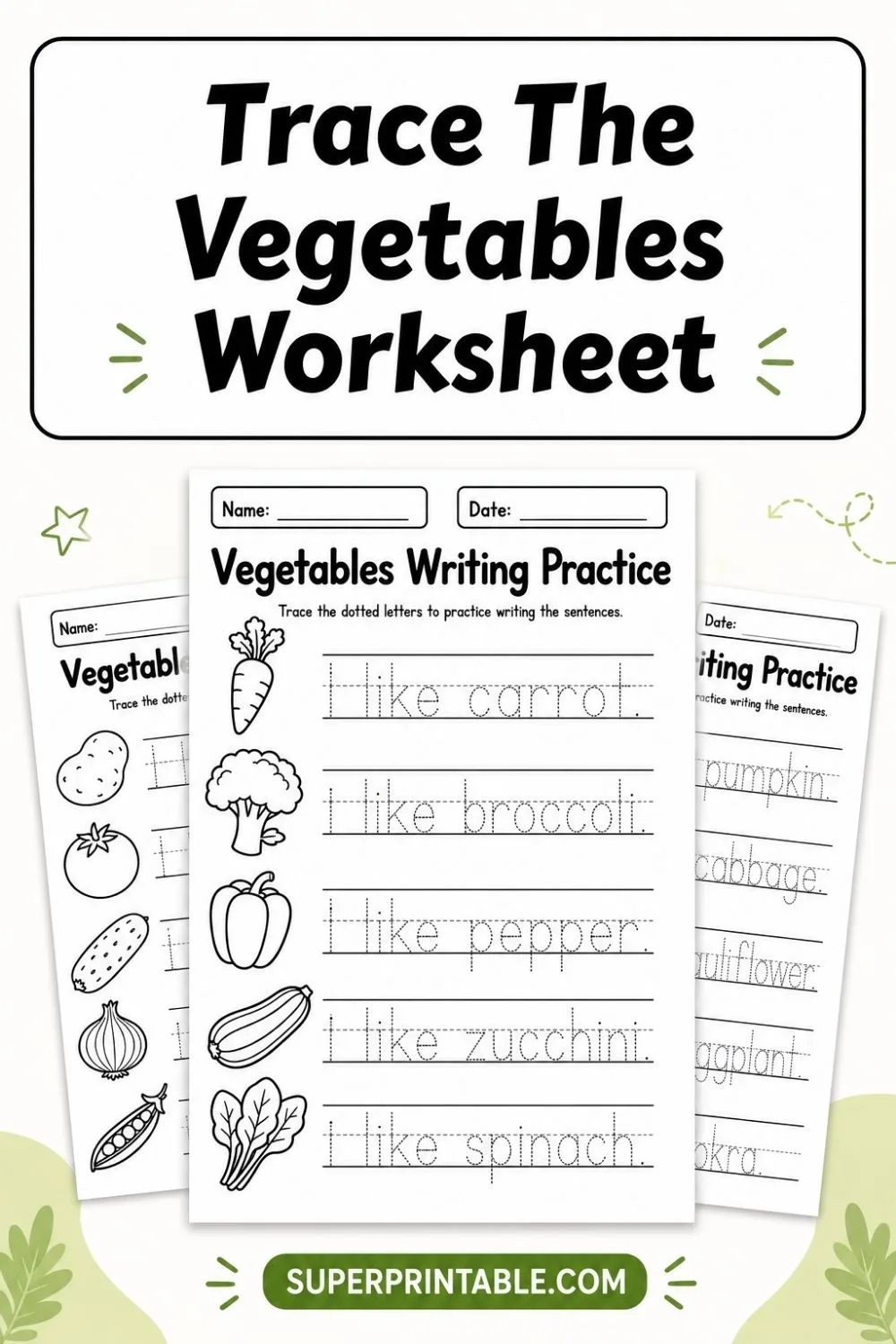 Trace The Vegetables Worksheet Pinterest Image