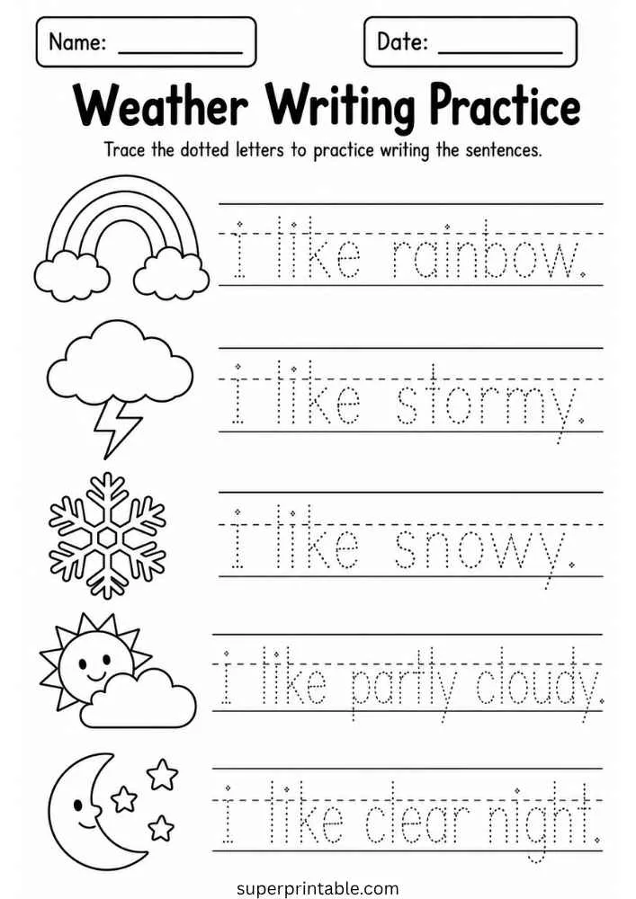 Weather writing worksheet with rainbow, stormy, snowy, partly cloudy, and clear night tracing words.